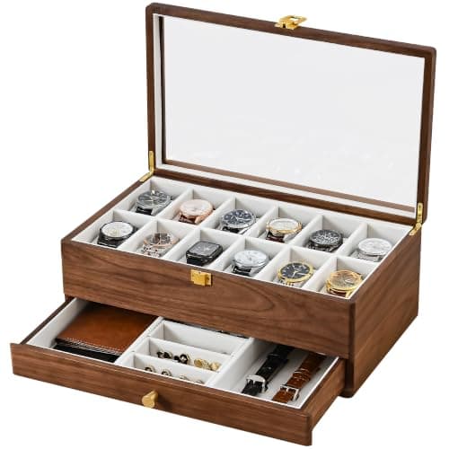 Waxvorax 12-Slot Solid Black Walnut Box with Valet Drawer