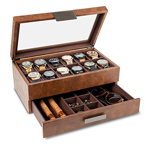 Glenor Co 12-Slot Watch Box with Valet Drawer