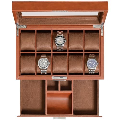 Rothwell 10-Slot Leather Watch Box with Valet Drawer